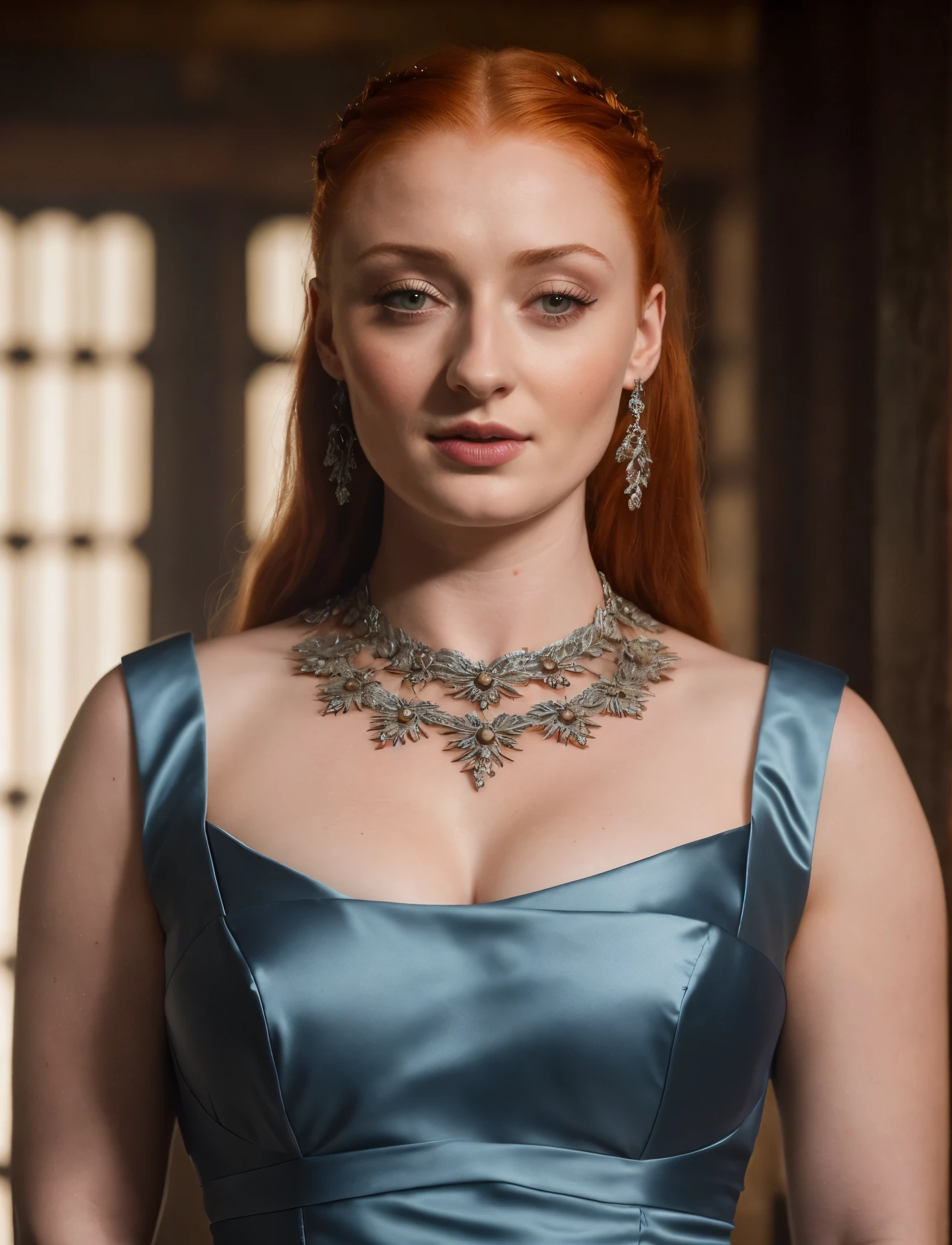 Gesicht von Sophie Turner, Sansa Stark GESPIELT VON Sophie Turner, die De-facto-Herrin des Horstes, ist eine 40-jährige reife Königin mit einem atemberaubenden, verführerisches Aussehen. Volles Gesicht, durchbohrte Augen, rötliche Lippen, Oberkörperaufnahme, erotische Mittelalter Kostüme, Game of Thrones Kostüme, Sie trägt ein von Game of Thrones inspiriertes Kostüm und hat ein tiefes Dekolleté, ein perfekter dicker Körper, und eine perfekte dicke Figur. Das Foto zeigt sie in Nahaufnahme, mit ihrer Hautstruktur und Gesichtszügen, die ultra-realistisch und realistisch sind. Saftige dicke Figur, hochwertige Haut, Hautporen, Erstaunliche Details, 