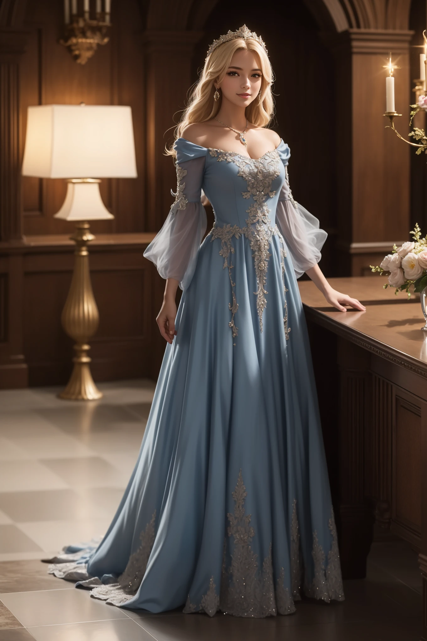 ((qualidade máxima、obra de arte、fotorrealista:1.4、em 8K))、Mulheres bonitas、18 anos、Bela expressão、loiro、olhos e rosto extremamente detalhados、lindos olhos detalhados、Luvas Formais、（Gorgeous dark blue luxury dress in medieval europeu style.、Cocar no estilo da Europa medieval.)、vestido vermelho、Acessórios de luxo、（A woman walks along the corridor of a europeu-style castle）、sapatos de vidro、iluminação cinematográfica、couro texturizado、Super Detalhe、alto detalhe、alta qualidade、Uma alta resolução、Eu olho para o espectador、Sorriso elegante、todo o corpo、europeu、