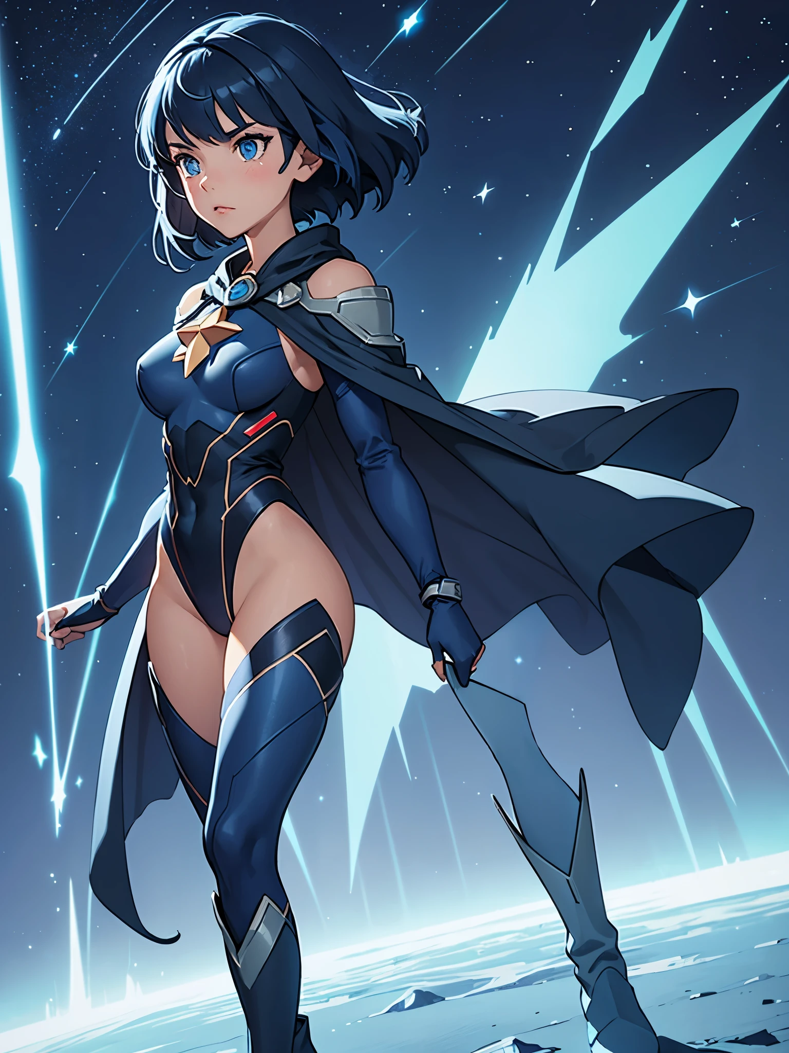 masterpiece, best quality, 1girl, superhero, leotard, dark blue leotard, long sleeves, shoulder-length cape, bare legs, boots, dark blue boots, matching boots, medium breasts, diffraction spikes, light particles, aura, blue aura, standing, standing straight, space backdrop, blue hair, bob hair, blue eyes, beautiful detailed eyes, beautiful detailed face, cute face, heroic, ((star symbol on the chest)), serious