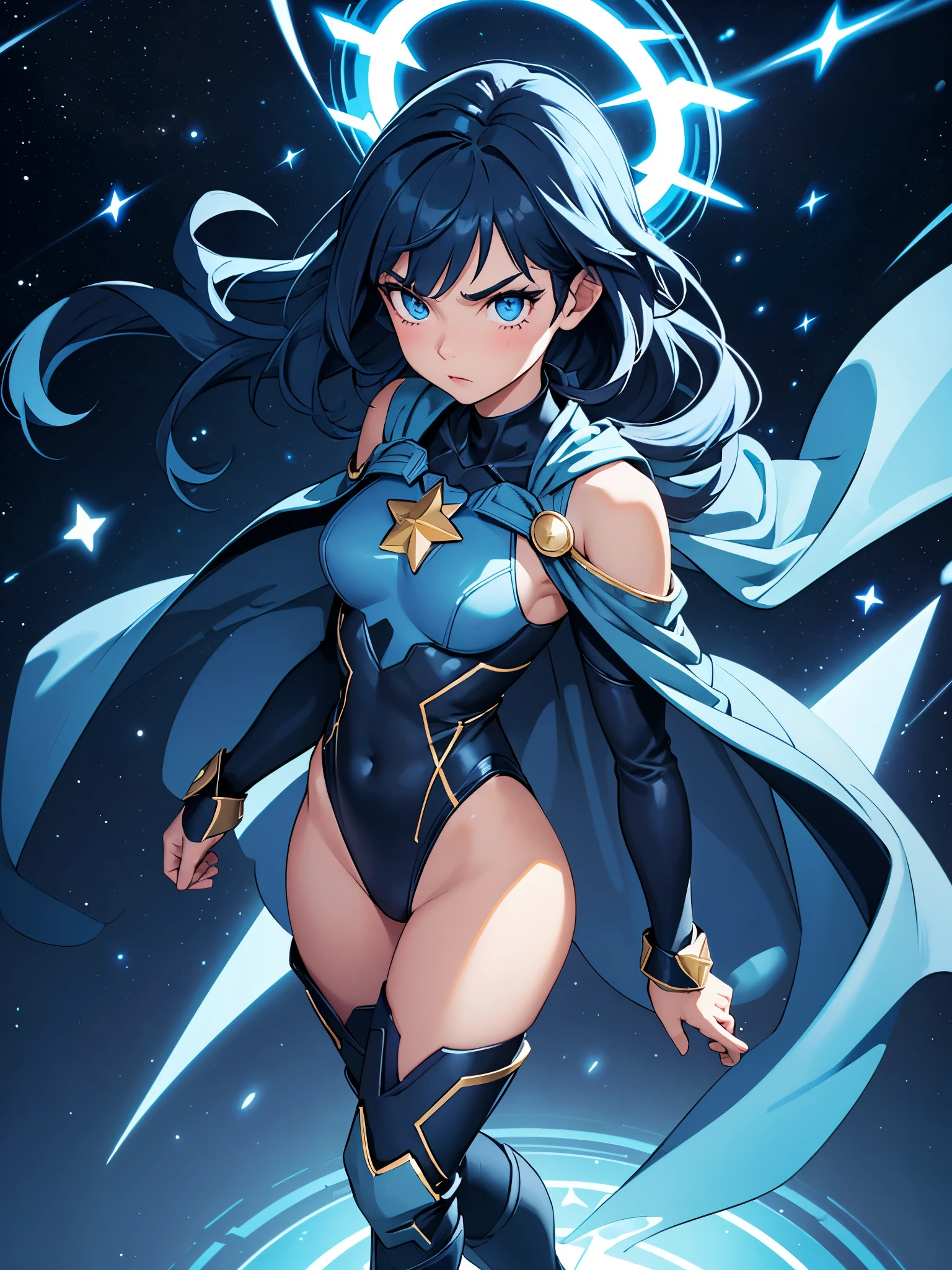 masterpiece, best quality, 1girl, superhero, leotard, dark blue leotard, long sleeves, shoulder-length cape, bare legs, boots, dark blue boots, matching boots, medium breasts, diffraction spikes, light particles, aura, blue aura, standing, standing straight, space backdrop, blue hair, bob hair, blue eyes, beautiful detailed eyes, beautiful detailed face, cute face, heroic, ((star symbol on the chest)), serious, full body with costume, full body, cowboy shot