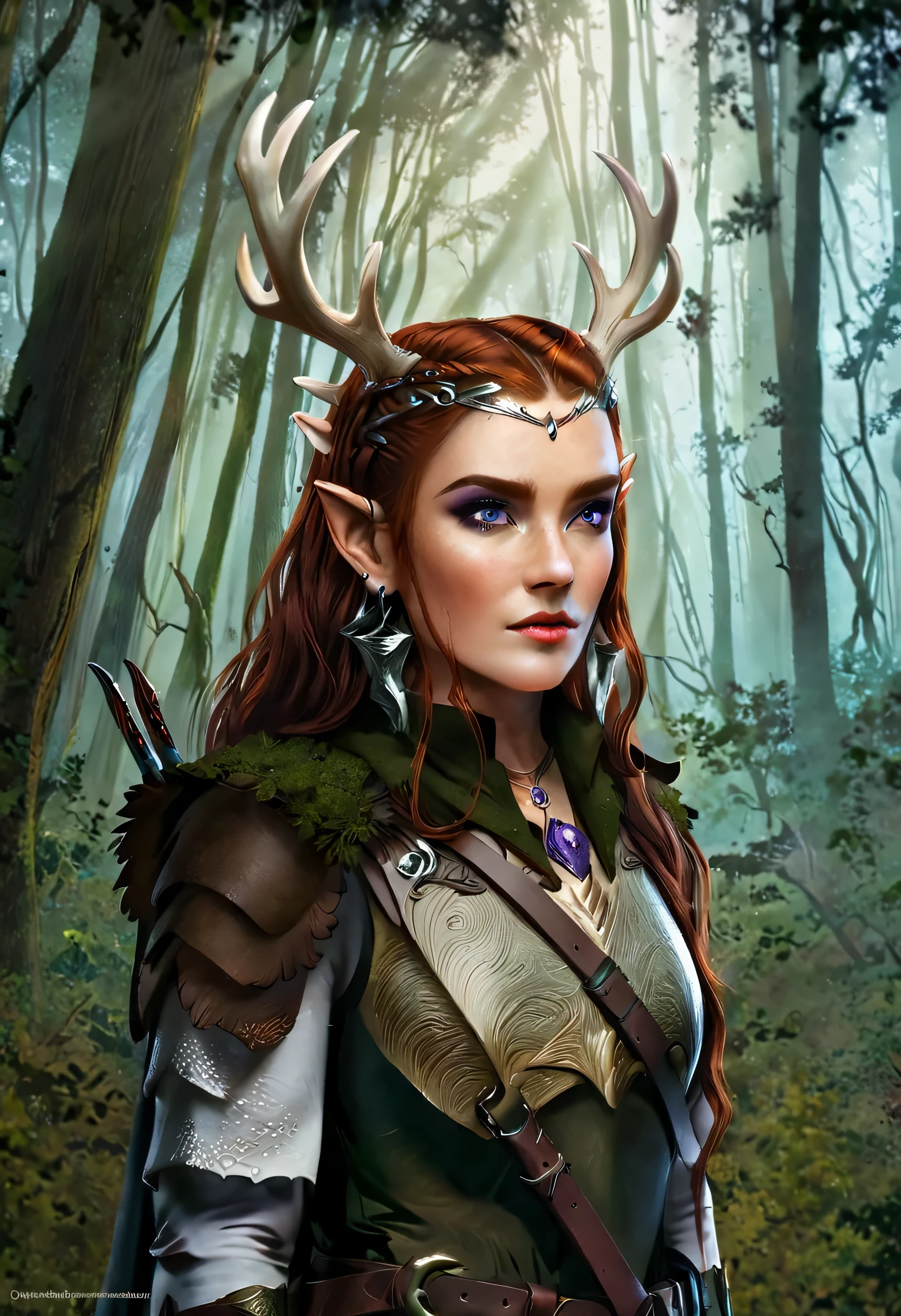 Tolkien, Middle Earth, Mirkwood, in the style of Anato Finnstark, (masterpiece:1.2), (best quality,:1.2), 8k, ((big white antler on head)), ((elven ears)), purple eyes, highly detailed, hyperrealistic, cinematic lighting, ambient lighting, ranger, earrings, choker, necklace, light makeup, medium length wild messy natural red hair, dynamic pose, (leather armor), belt, cape made out of rough fabric,((looking at viewer)), in an gloomy and foggy forest, 