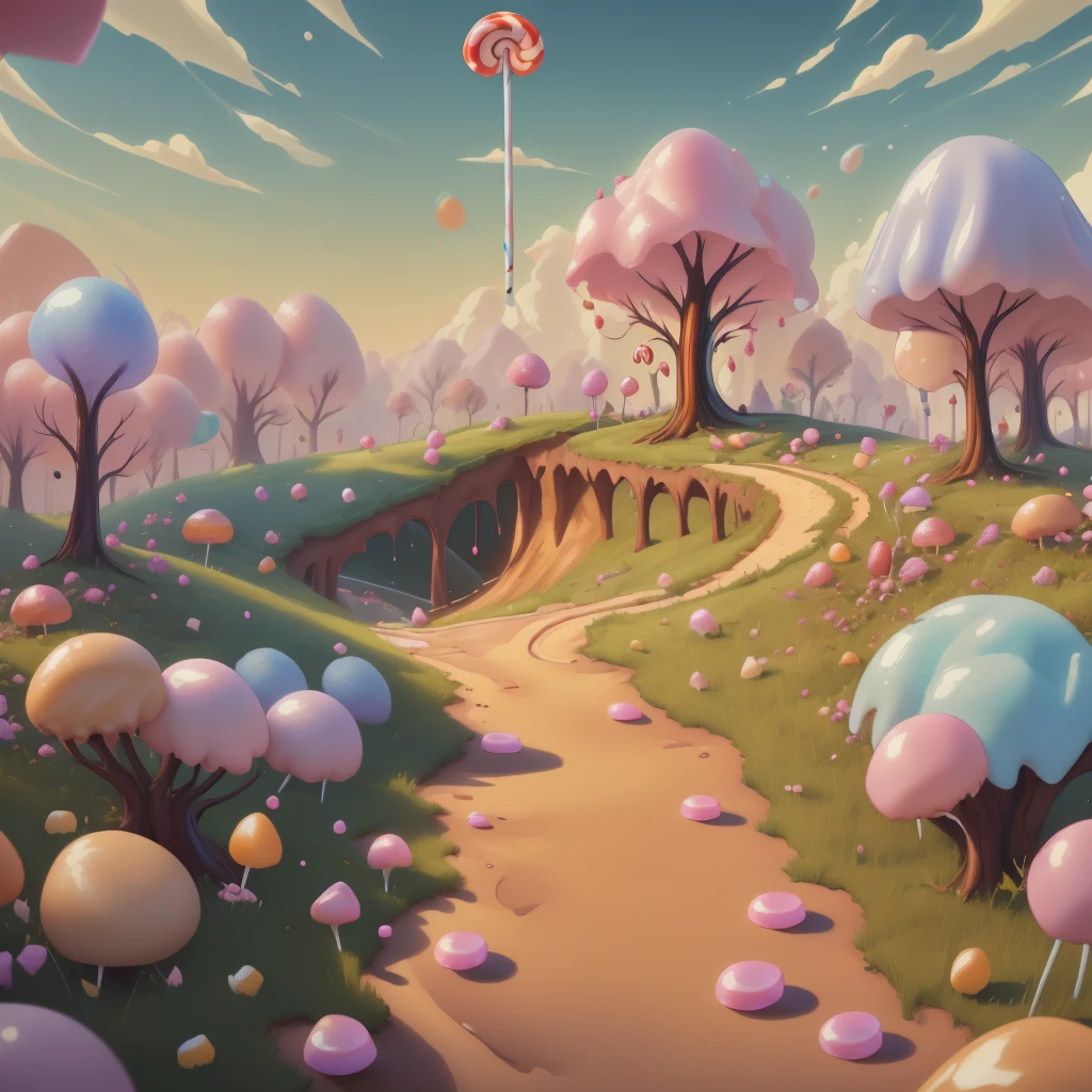 general shot: 1.3, ((beautiful landscape entirely made of candies, sweets, lollipops, delicious cakes, beautiful donut-shaped sun, cotton candy trees:1.4)), cheerful colors: 1.4, work of art, highly detailed: 1.5, idyllic, dreamy, epic, cinematic shot: 1.5, beautiful lighting, award-winning image: 1.5, 32k.