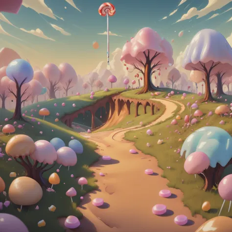 general shot: 1.3, ((beautiful landscape entirely made of candies, sweets, lollipops, delicious cakes, beautiful donut-shaped su...