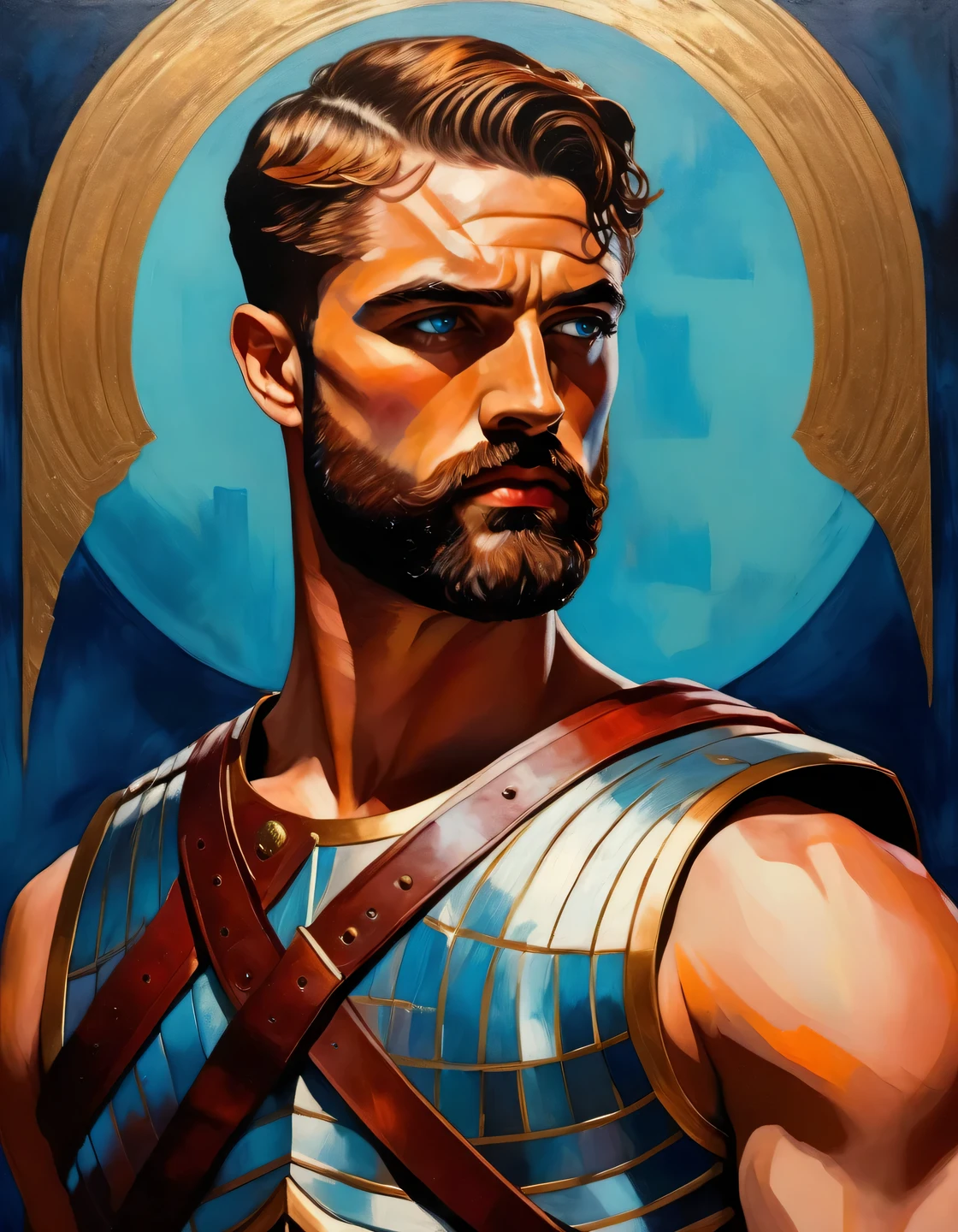 chiaroscuro technique on impressionist illustration of an masculine, Pantheon male model, handsome Roman, he is the god of war, he is Ares, Mars, evil-color, strong look, light blue eyes, strong jawline, dressed as a gladiator, ancient gladiator, male gladiator skirt, matte painting, by Harumi Hironaka, extremely soft colors, vibrant, pastel, highly detailed, digital artwork, high contrast, golden dramatic, refined, tonal, an intimate, titanic color