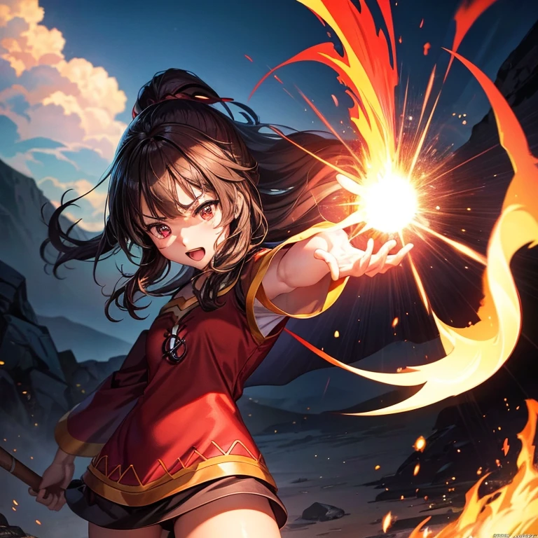 1 garota, 1, megumin, mão levantada, segurando o bastão mágico, explosão de chama nuclear atrás, Arte oficial, melhor qualidade, Alta resolução, Realismo, 8K