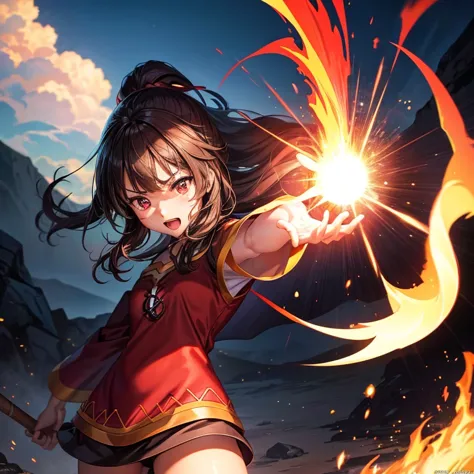 1 girl, 18 years old, megumin, hand raised, holding magic stick, nuclear flame explosion behind, official art, best quality, hig...