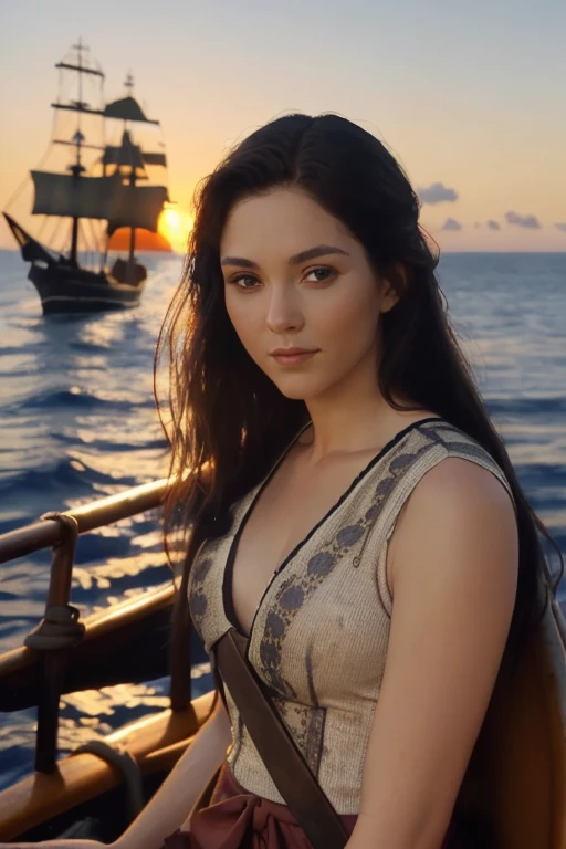 ((best quality)), (detailed), perfect face, extremely beautiful female pirate, cutlass raised, outfit is old and worn, her ship is on fire, the sun is setting in the horizon,