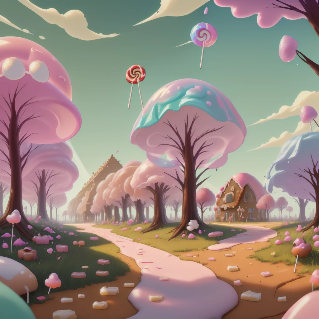 large general shot: 1.8, ((beautiful town from the 60s, entirely made of candies, sweets, lollipops, delicious cakes, beautiful donut-shaped sun, cotton candy trees: 1.6)), cheerful colors: 1.4, work of art, highly detailed:1.5, idyllic, dreamy, epic, cinematic shot:1.5, beautiful lighting, award-winning image:1.5, 32k.