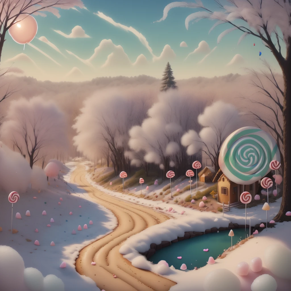 large general shot:1.8, ((beautiful town from the 60s, entirely made of candy, many sweets, many lollipops, delicious cakes, beautiful donut-shaped sun, many cotton candy trees:1.6)), cheerful colors: 1.4, artwork, highly detailed:1.5, idyllic, dreamy, epic, cinematic shot:1.5, beautiful lighting, award-winning image:1.5, 32k.