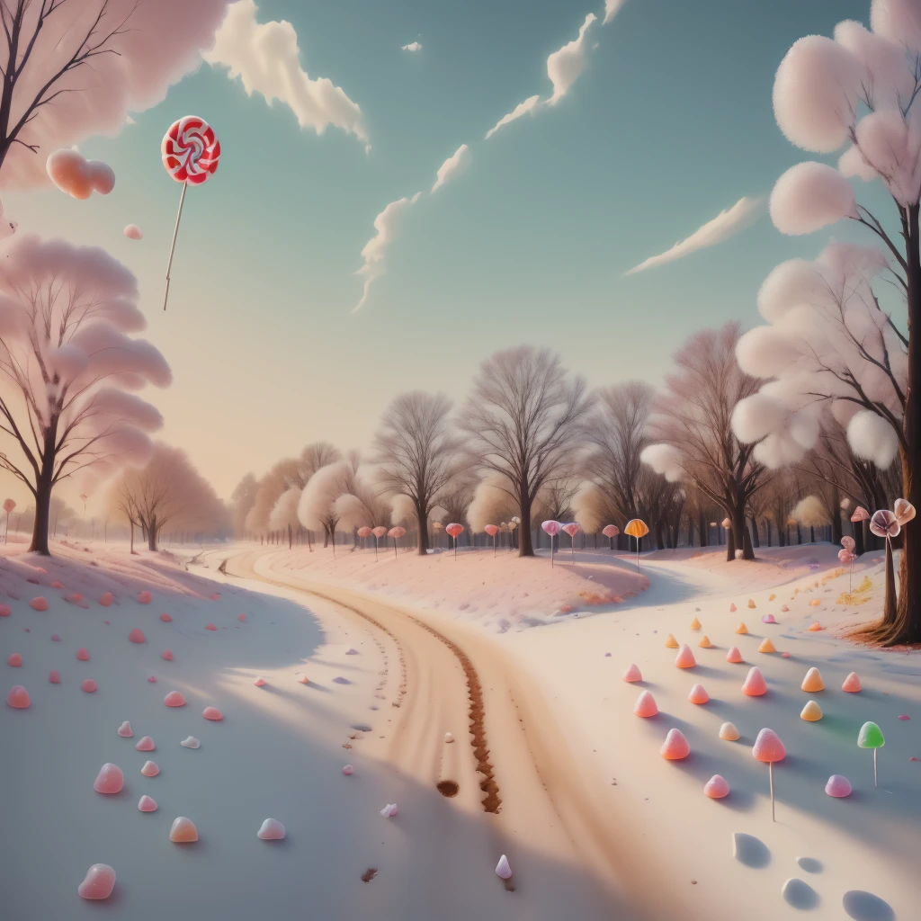 large general shot:1.8, ((beautiful town from the 60s, entirely made of candy, many sweets, many lollipops, delicious cakes, beautiful donut-shaped sun, many cotton candy trees:1.6)), cheerful colors: 1.4, artwork, highly detailed:1.5, idyllic, dreamy, epic, cinematic shot:1.5, beautiful lighting, award-winning image:1.5, 32k.