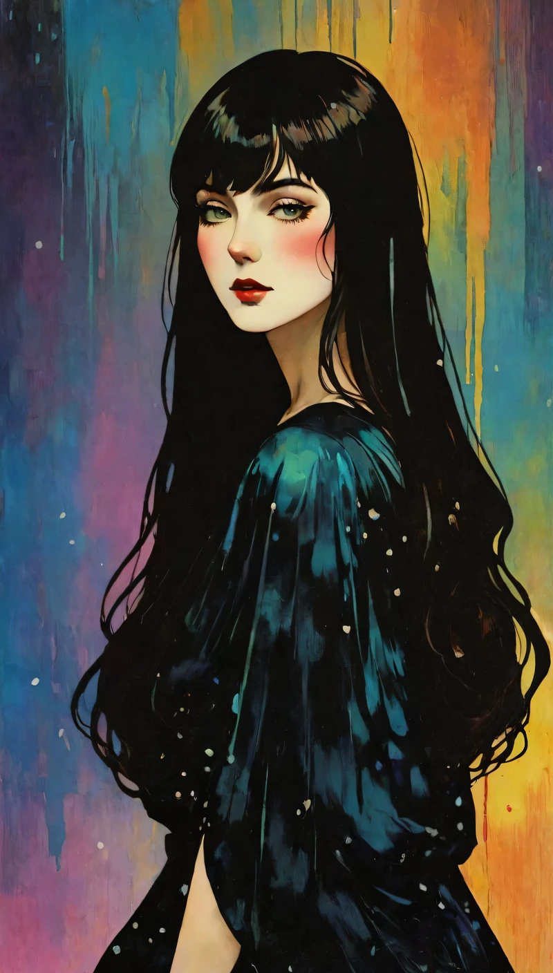 técnica de claro-escuro na ilustração sensual de uma rainha elegante (((cabelo longo com franja:1.4、linda franja) , vintage ,vestido sedoso, pintura fosca, por John Singer Sargent, por Harumi Hironaka, fundo abstrato, (tronco:1.5), chuva de arco-íris, Altamente detalhado, arte digital, Alto contraste, dramático, refinado, tonal, um íntimo, ambiente de estúdio sedutor com foco na sensualidade e no romance. Utilize suave, iluminação quente que banha o espaço com uma luz suave, brilho convidativo. Incorpore tecidos luxuosos, móveis luxuosos, e um toque de decadência para evocar um ambiente opulento. A cena deve exalar um ar de serenidade e expectativa, convidando o espectador para um espaço sensual e romântico