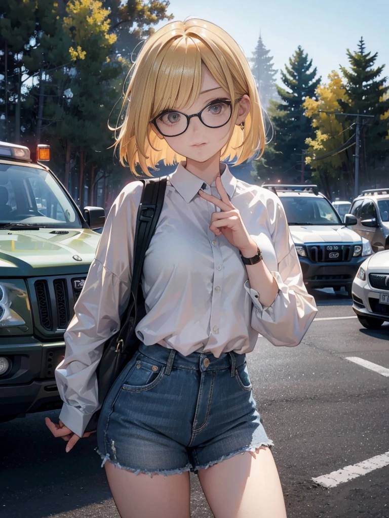 High resolution、Perfect skeleton、perfect fingers、perfect face、20 year old female、shiny hair quality、beautiful blonde、bob hair、Glasses、Glasses Beauty、camp、outdoor、chill time、camp woman、outdoor、SUV、car、4wd、awd、woman driving a jeep
