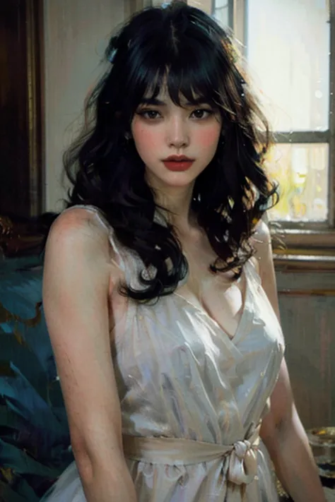 chiaroscuro technique on sensual illustration of an elegant queen (((long hair with bangs:1.4、beautiful bangs) , vintage ,silky ...