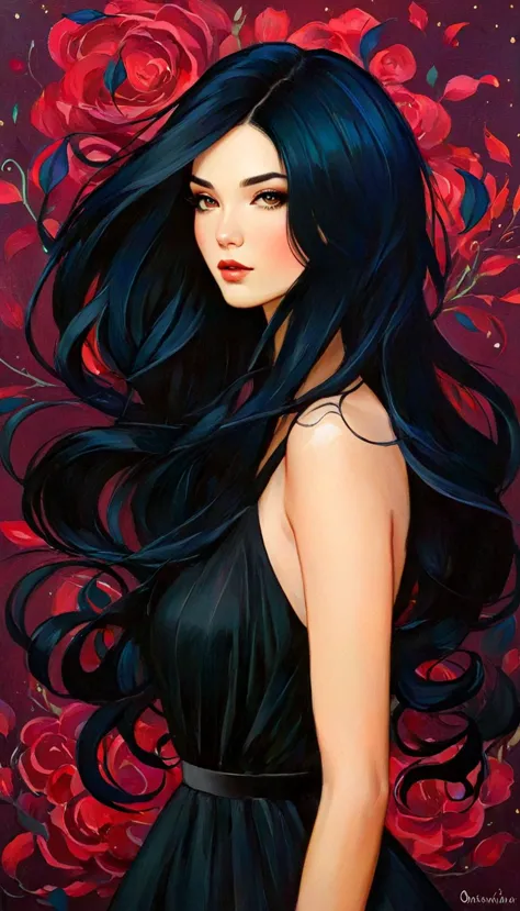 a painting of a woman with long black hair and a black dress, girl with black hair, style of charlie bowater, jen bartel, in sty...