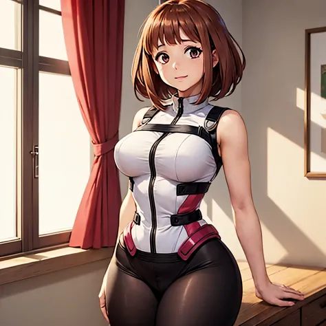 (best quality,masterpiece:1.2),Ochako Uraraka,short straight brown hair,sexy outfit,curvy body,hourglass figure