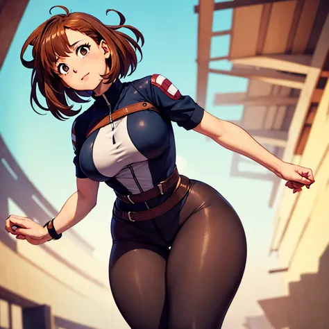 (best quality,masterpiece:1.2),Ochako Uraraka,short straight brown hair,sexy outfit,curvy body,hourglass figure