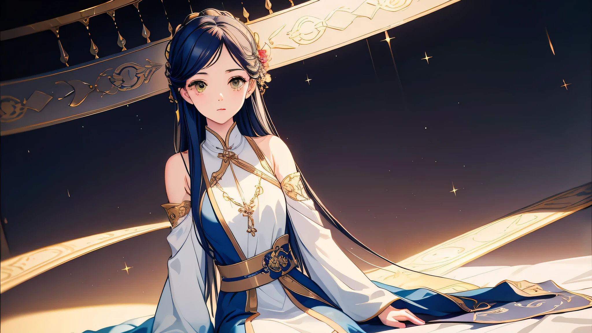 an alone mature girl with long blue and yellow eyes sitting on the bed and spread leg , night, High detail mature face, tie hair on the left side, golden eyes, bare leg, bare shoulder, white noble priest dress, high res, ultra sharp, 8k, masterpiece, smiling, fantasy world, magical radiance background ((Best quality)), ((masterpiece)), 3D, HDR (High Dynamic Range),Ray Tracing, NVIDIA RTX, Super-Resolution, Unreal 5,Subsurface scattering, PBR Texturing, Post-processing, Anisotropic Filtering, Depth-of-field, Maximum clarity and sharpness, Multi-layered textures, Albedo and Specular maps, Surface shading, Accurate simulation of light-material interaction, Perfect proportions, Octane Render, Two-tone lighting, Wide aperture, Low ISO, White balance, Rule of thirds,8K RAW, Aura, masterpiece, best quality, Mysterious expression, magical effects like sparkles or energy, flowing robes or enchanting attire, mechanic creatures or mystical background, rim lighting, side lighting, cinematic light, ultra high res, 8k uhd, film grain, best shadow, delicate, RAW, light particles, detailed skin texture, detailed cloth texture, beautiful face, 
(masterpiece), best quality, expressive eyes, perfect face,