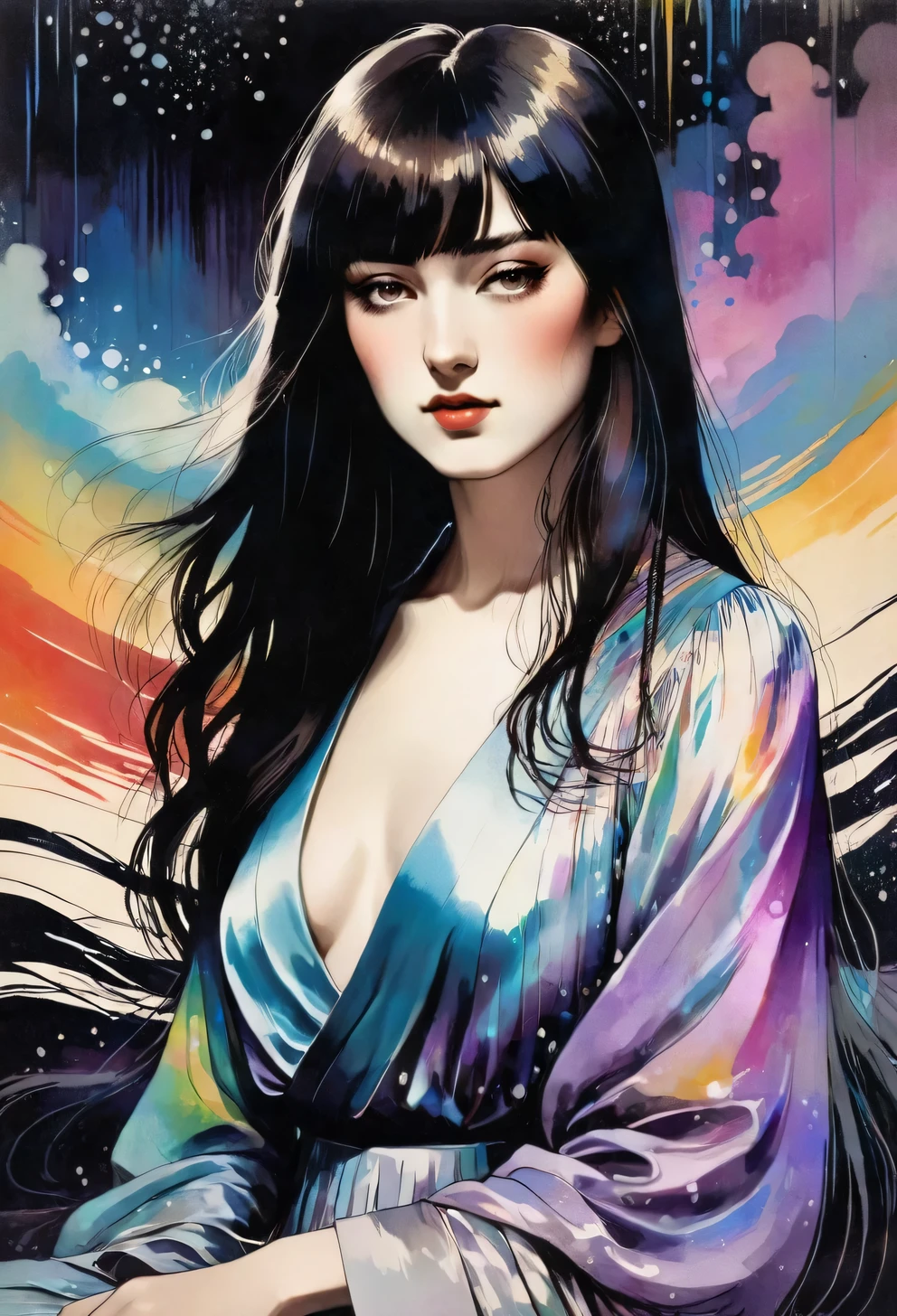 chiaroscuro technique on sensual illustration of an elegant queen (((long hair with bangs:1.4、Beautiful bangs) , vintage ,silky dress, matte painting, by John Singer Sargent, by Harumi Hironaka, abstract background, (upper body:1.5), Rainbow rain, highly detailed, digital artwork, high contrast, dramatic, refined, tonal, an intimate, seductive studio setting with a focus on sensuality and romance. Utilize soft, warm lighting that bathes the space in a gentle, inviting glow. Incorporate luxurious fabrics, plush furnishings, and a touch of decadence to evoke an opulent ambiance. The scene should exude an air of serenity and anticipation, inviting the viewer into a sensual and romantic space