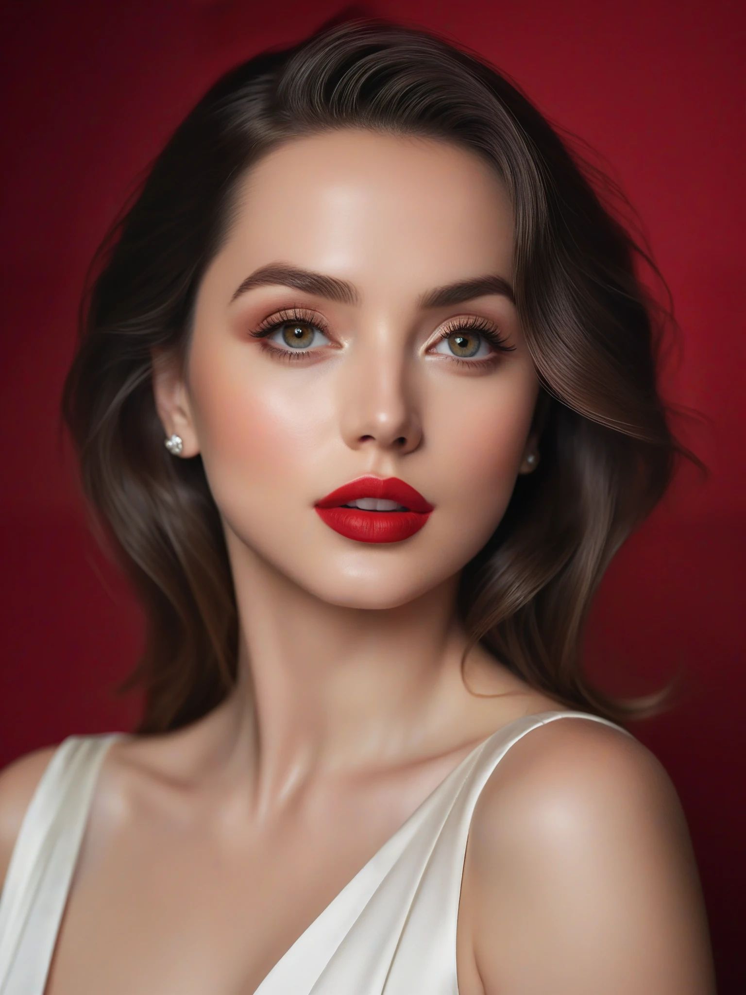 (best quality,4k,8k,highres,masterpiece:1.2),ultra-detailed,(realistic,photorealistic,photo-realistic:1.37),beautiful eyes,beautiful lips,detailed face,red lipstick,gorgeous woman,white dress,elegant fashion model,elegant look,long eyelashes,confident expression,flawless skin,posing gracefully,flowing fabric,soft and silky material,graceful movement,vibrant colors,artistic lighting,studio photo shoot, dreamy atmosphere