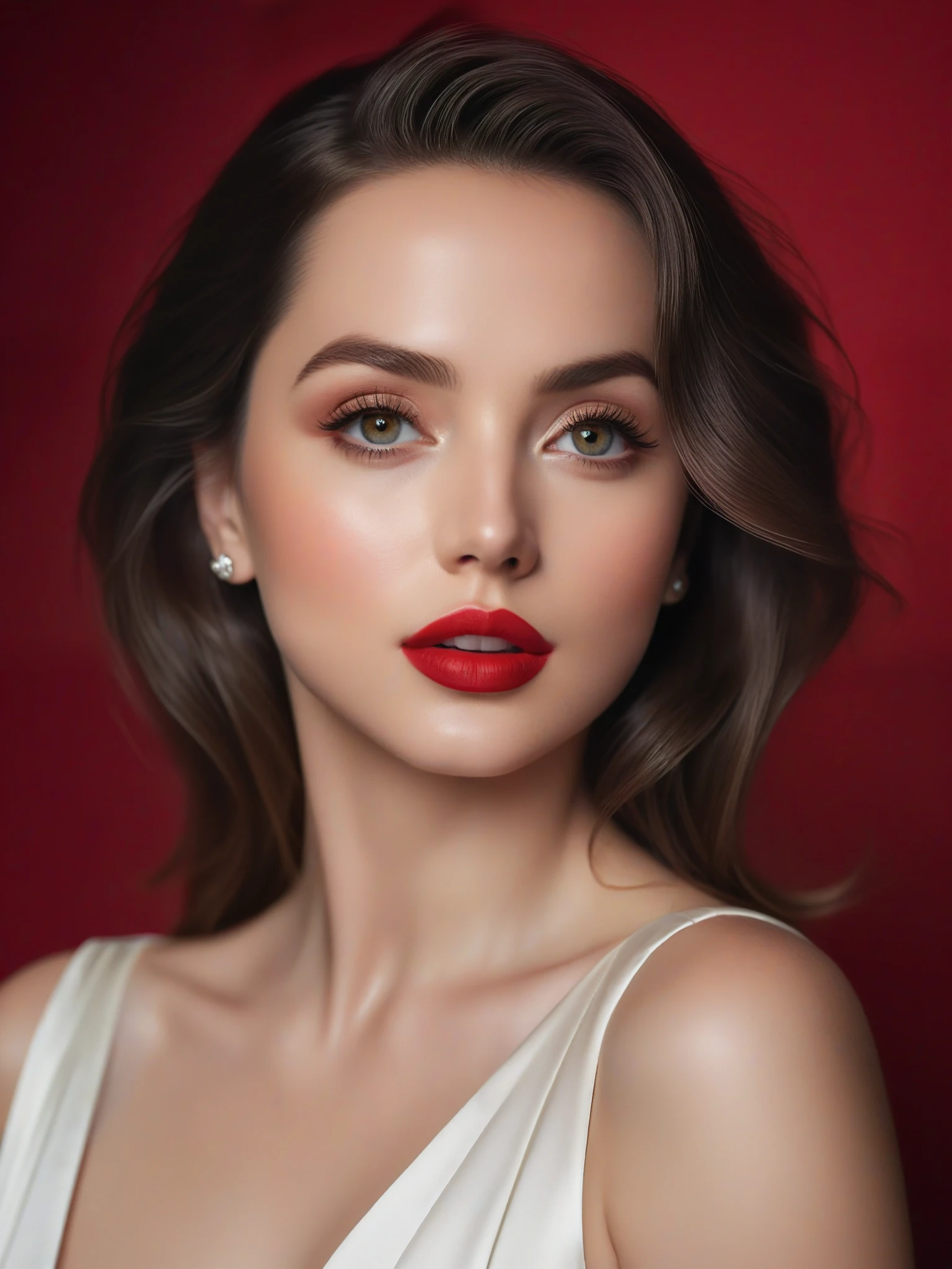 (mejor calidad,4k,8K,alta resolución,obra maestra:1.2),ultra detallado,(Realista,photoRealista,photo-Realista:1.37),Ojos bonitos,hermosos labios,cara detallada,pintalabios rojo,mujer hermosa,vestido blanco,modelo de moda elegante,aspecto elegante,Pestañas largas,expresión segura,piel perfecta,posando con gracia,tela fluida,material suave y sedoso,Movimiento elegante,Colores vibrantes,iluminación artística,Sesión de fotos de estudio, atmósfera de ensueño