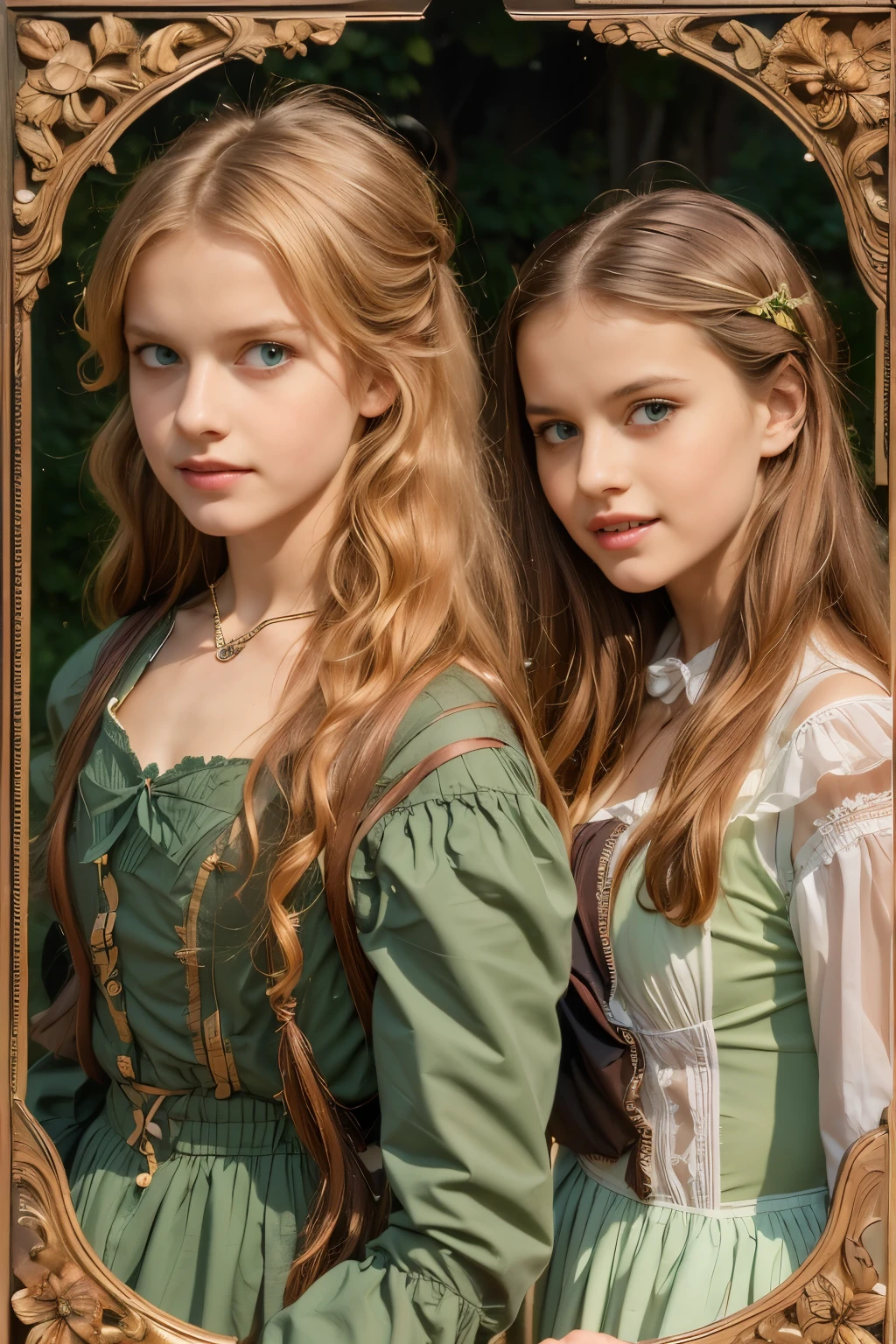 two girls, (Virginia Otis, 15 years old (blond hair, blue eyes)) pose with (16 years old Georgie Gerald (blond hair, green eyes)). Victorian style. thin face, slim body, skinny, very cute face, walks at night in Canterville Castle (inspired by the novel The Canterville Ghost). circa 1887, Victorian fantasy