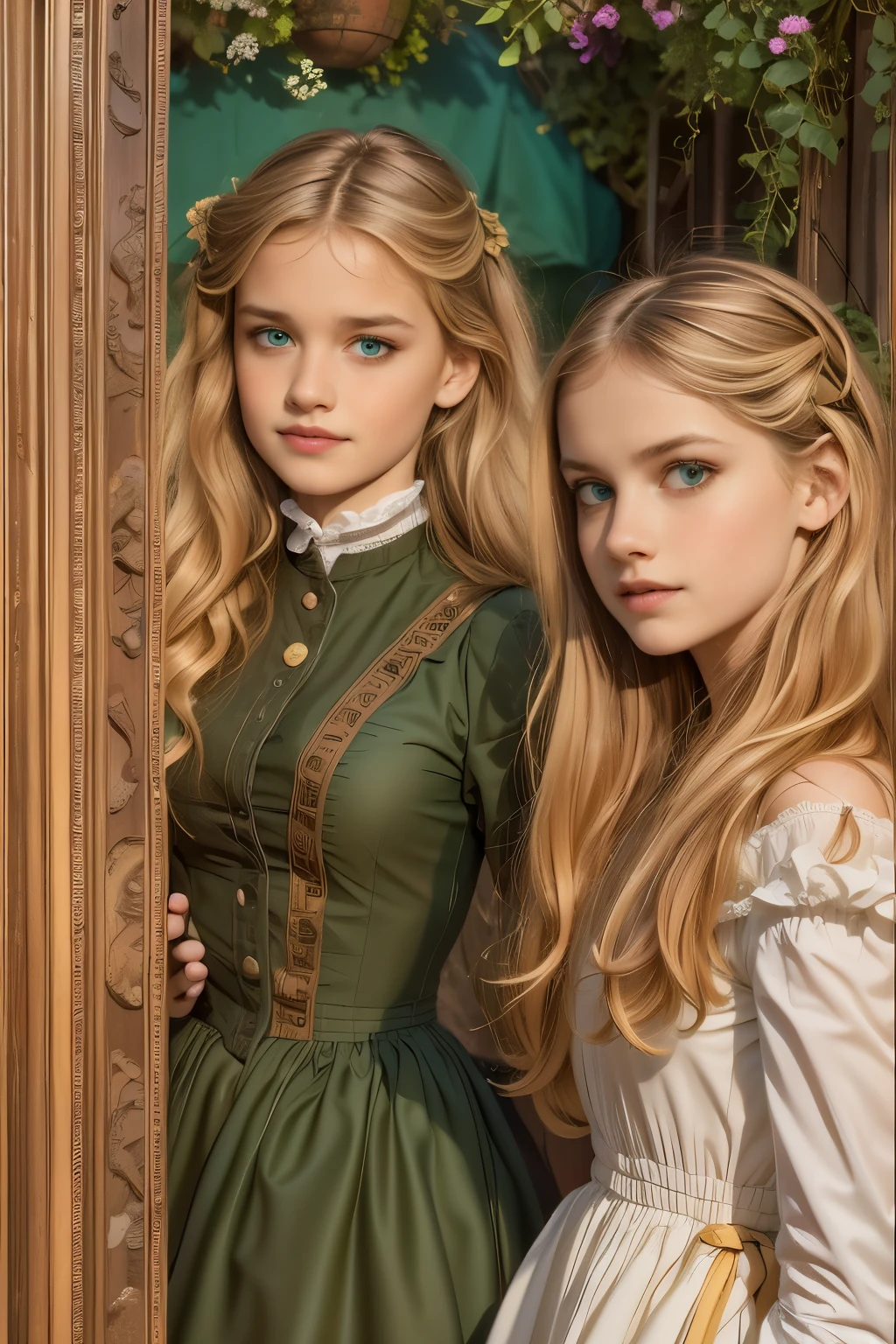 two girls, (Virginia Otis, 15 years old (blond hair, blue eyes)) pose with (16 years old Georgie Gerald (blond hair, green eyes)). Victorian style. thin face, slim body, skinny, very cute face, walks at night in Canterville Castle (inspired by the novel The Canterville Ghost). circa 1887, Victorian fantasy