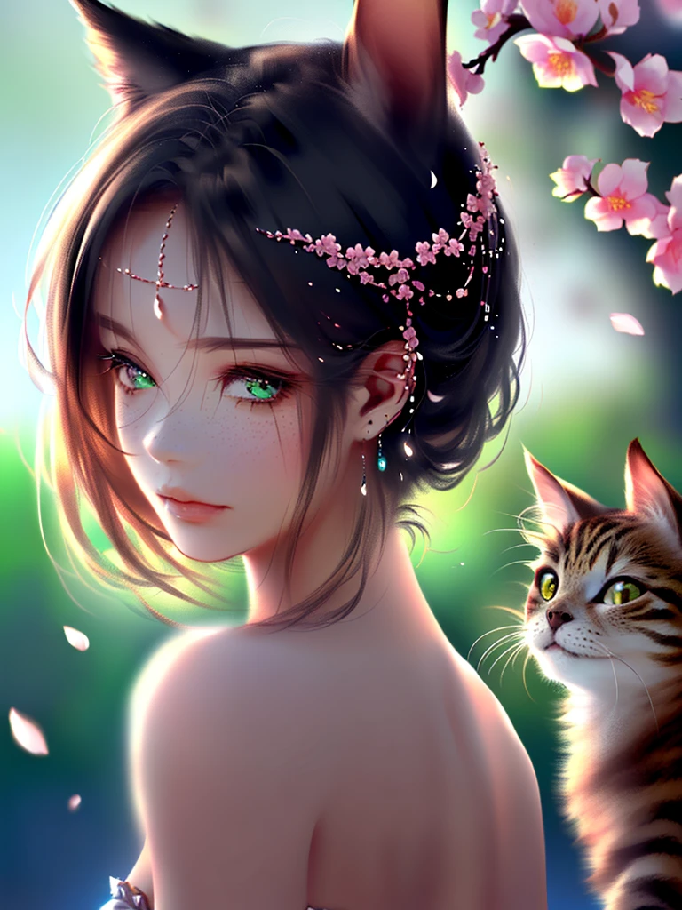 very good illustration, High detail, dynamic angle, beautiful detailing,2D, (Best quality, masterpiece, Beauty, tenderness), anime, Highly detailed face, very detailed eyes, very detailed background, perfect lighting, whole body, 1 girl, One, (Very detailed cat ears), (Very detailed ears behind the hair)? sakura, Sakura Branches \(sakura flowers\), Pink dress, green eyes, Finely detailed eyes, ears covered with hair, cherry tree, cherry petals