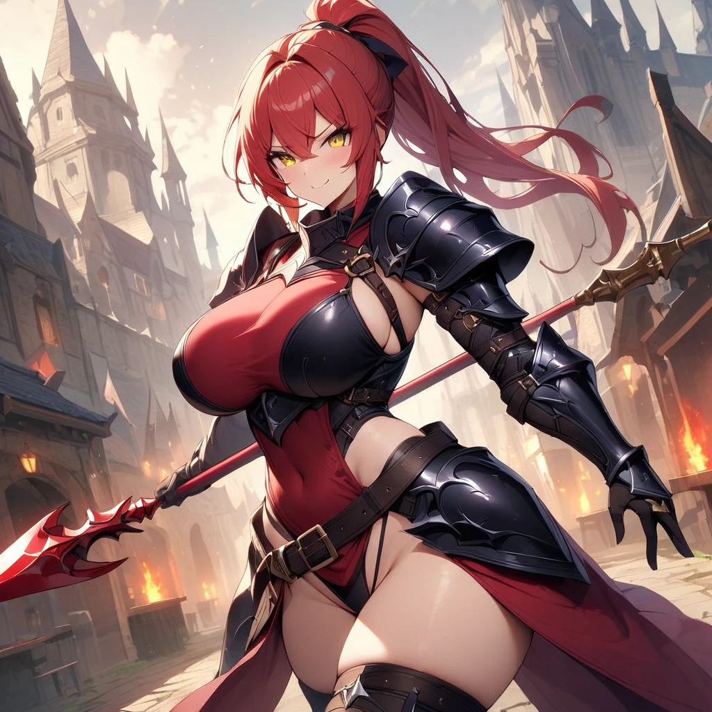 masterpiece,best quality, knight, long hair, red hair, ((Ponytail)), yellow eyes, perfect face, black armor,, ((exposed arm)), red_ornaments, red_tabard, thong, belt, Spear, ((big tits)), exposed belly, smiling, 1girl, strikes, Perfect face, thick thighs, ,add_detail:1, add_detail:0, add_detail:0.5,((weapon_spear)),((Spear))