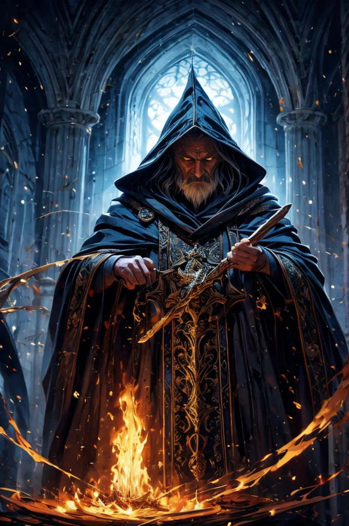 In the dimly lit scene, an aged wizard emerges from the depths of a hood, his face partially obscured by shadows. This evocative painting captures the wizard's weathered features, hinting at a lifetime of knowledge and arcane power. Wisps of silver-grey hair cascade from beneath his hood, framing a face lined with wisdom and experience. The carefully crafted brushstrokes convey a sense of mystery and mystique, emphasizing the wizard's enigmatic presence. This high-quality painting juxtaposes darkness with ethereal beauty, transporting viewers into a realm of ancient magic and unknown tales.