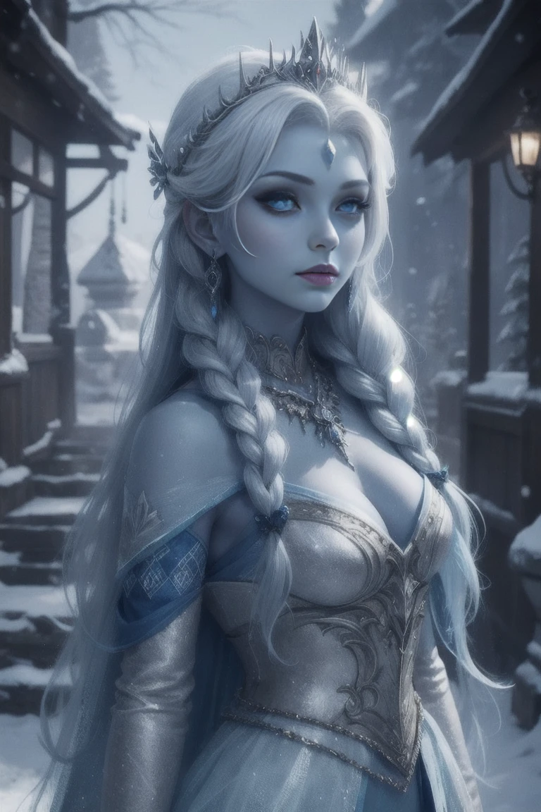 Blue skin, Frozen princess, rare, ice maiden, shiva armor, beautiful women, long icy hair, icy eyes, blue skin, winter village,