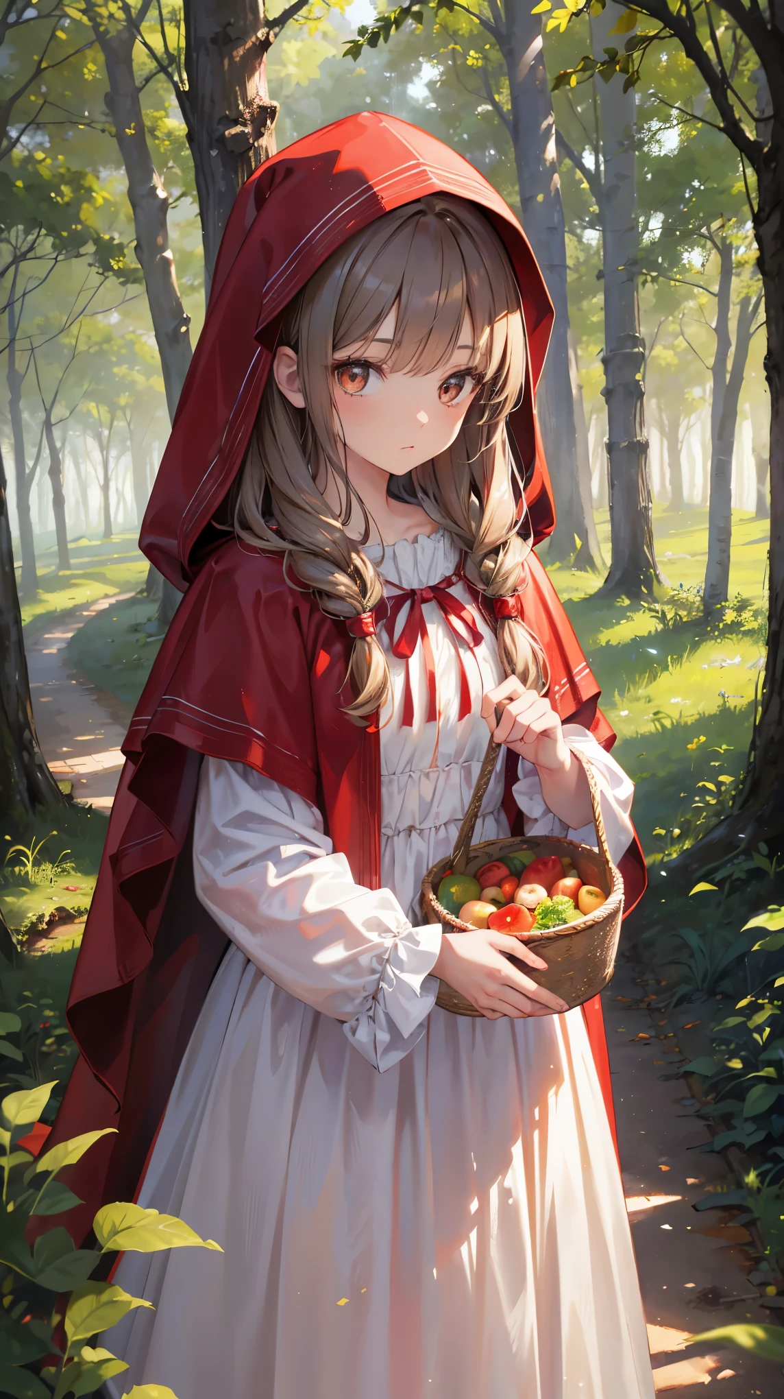 8k, Meilleure qualité, (réaliste:1.4), Photo originale, 1 fille, Cheveux de Petit Chaperon Rouge, panier de friandises, manteau, posture: marcher sur un sentier forestier, yeux marron foncé