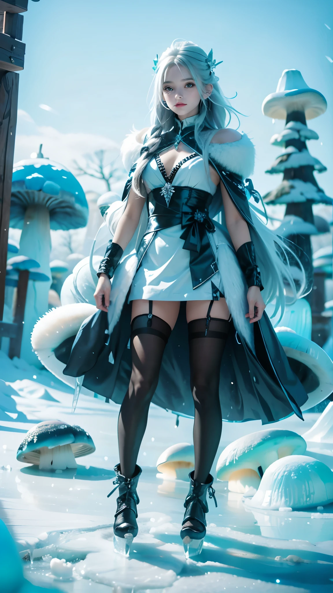 Frost Goddess,Frozen liquid,The world of ice,ice,1 girl,black legwear,boots,chest,Fur trim,The huge ice mushroom on the head,Ice pillar, ice mushrooms,Frozen ground,full body,gray eyes,hair ornaments,long hair,looking at the viewer,outdoor,pantyhose,silver hair,smile,alone,Are standing