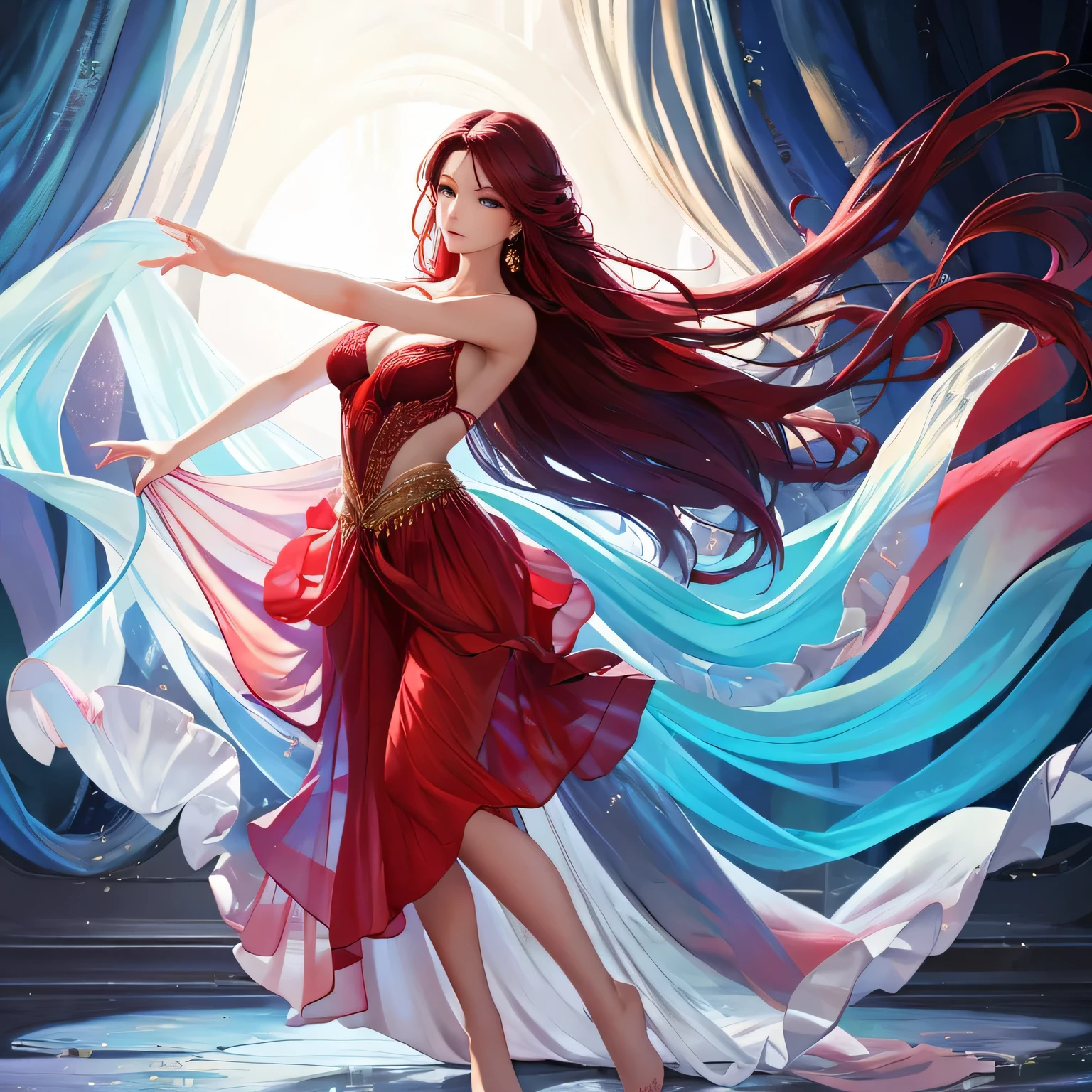 "(best quality, highres), vibrant, sensual, red long sheer skirt, beautiful woman posing, detailed facial features, flowing hair, graceful movement, alluring gaze, elegant posture, soft lighting, artistic composition, figure study, fine art, vivid colors, captivating expression, delicate fabric, ethereal atmosphere, flowing lines, sensual body language"