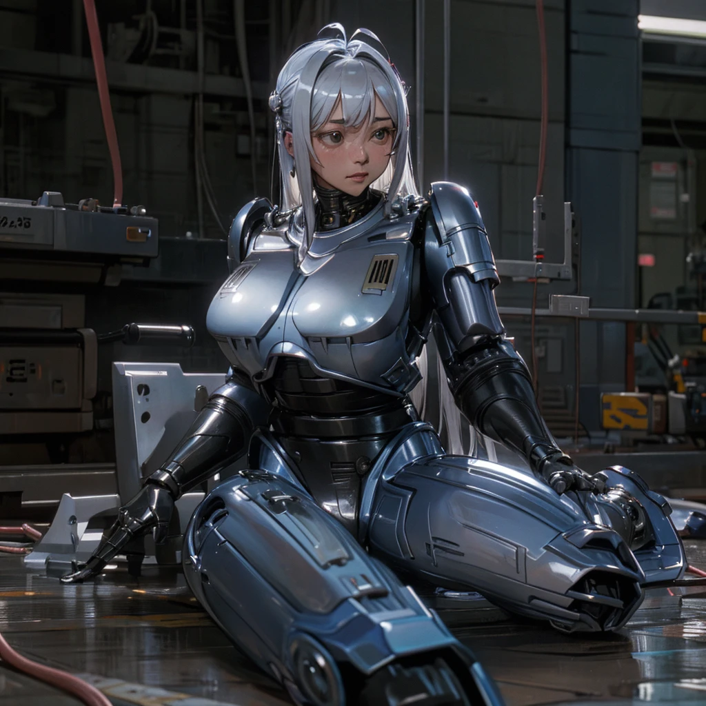 la plus haute qualité、chef-d&#39;œuvre、Une femme japonaise de 40 ans se transforme en agent de police robot sans émotion.、cheveux argentés、Composition montrant le corps entier、oreilles mécaniques、Corps de robot métallique argenté、Gros seins、articulations robotiques、Oreilles de robot en forme d&#39;antenne、La structure mécanique interne et le câblage sont visibles..、Robot femelle de police brisé gisant sur le sol.