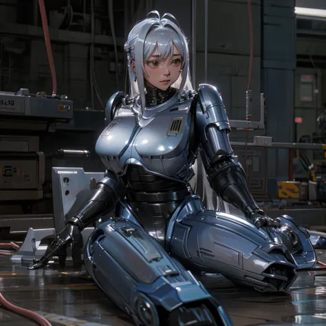 highest quality、masterpiece、A 40-year-old Japanese woman transforms into an emotionless robot police officer.、silver hair、Compos...