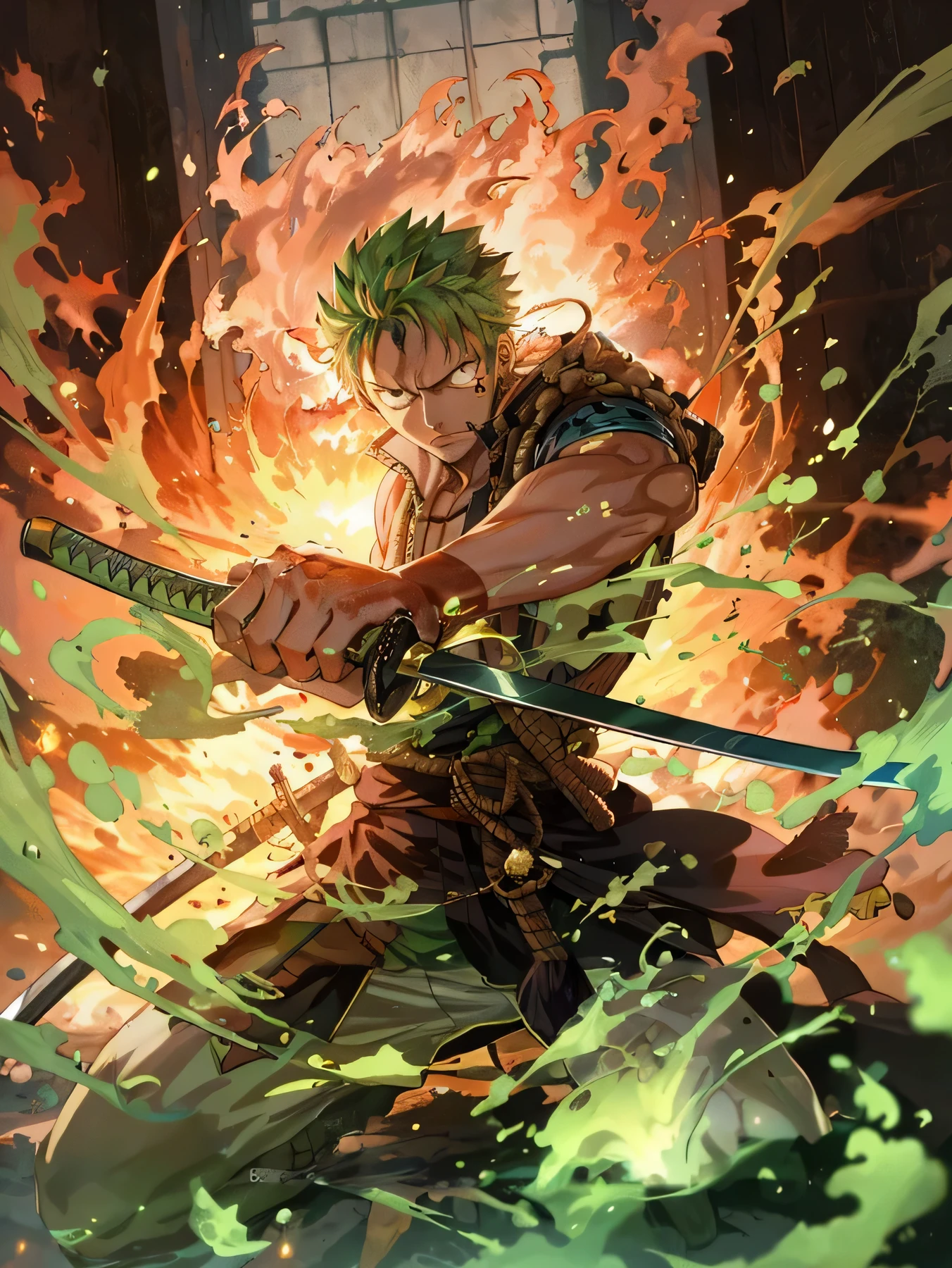 Cartoon image of a green-haired man holding a sword, Roronoa Zoro, offcial art, hq artwork, one piece art style, official fanart, from one piece, o - yoroi, Official anime artwork, Green fire, One Piece, Official artwork, Anime epic artwork, blazing infero, hd artwork, An anime cover, key art, anime wallaper