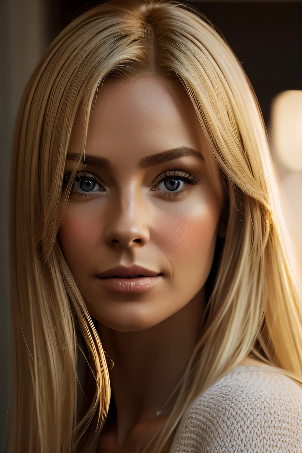 Create a realistic portrait of a woman in her mid-30s with blonde hair, looking confidently into the camera. Her long hair should be accentuated by natural thin strands, and lighting should create soft shadows and shades on the face. The photo must be taken in 4K resolution, so that every detail looks clear and realistic, including skin texture, reflection of light in the eyes and shades of hair