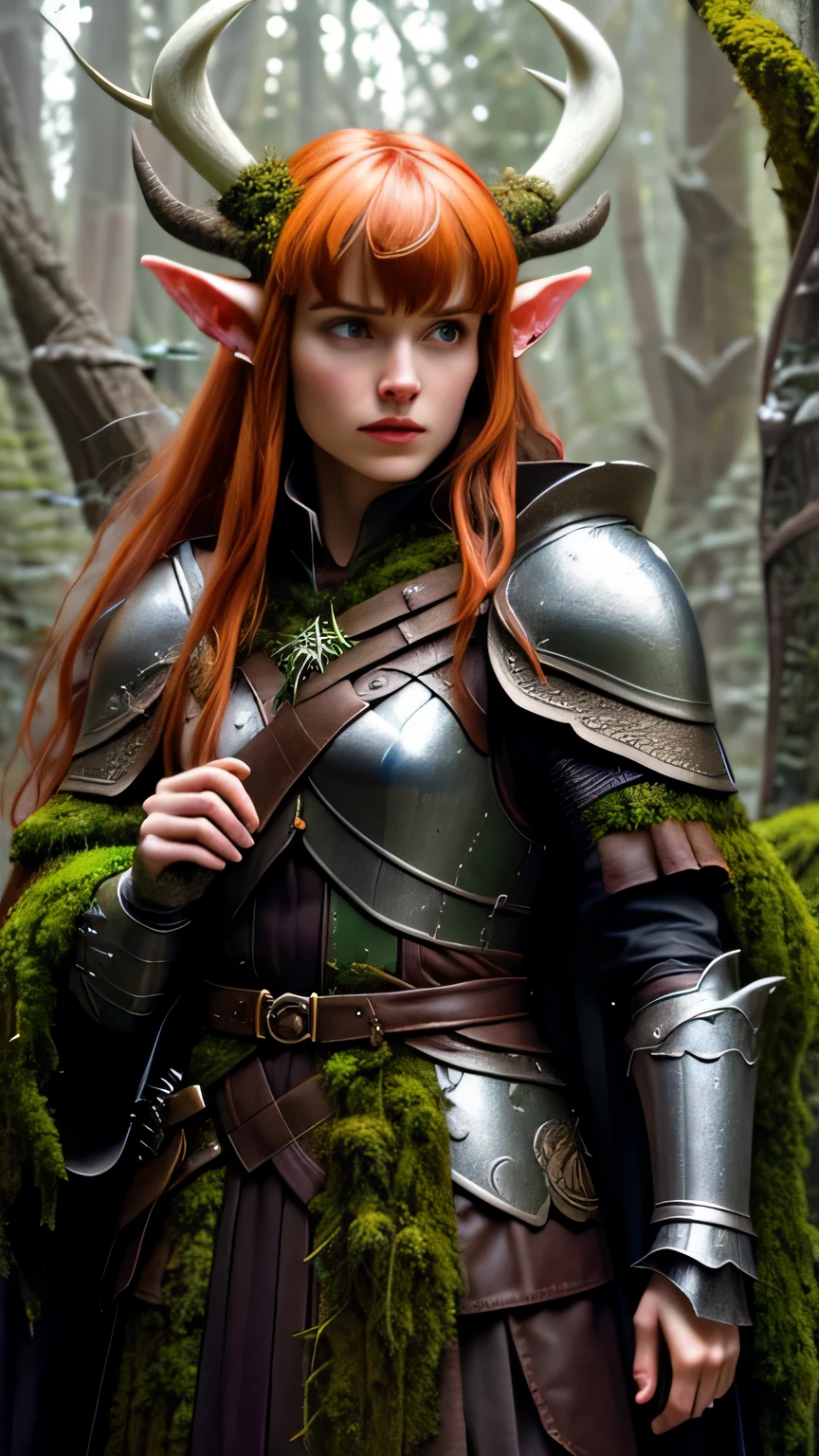 Tolkien, Middle Earth, Mirkwood, in the style of Anato Finnstark, (masterpiece:1.2), (best quality,:1.2), 8k, ((big white antler on head)), ((elven ears)), purple eyes, highly detailed, hyperrealistic, cinematic lighting, ambient lighting, ((female ranger)), makeup, short messy ginger hair, ((bangs)), dynamic pose, dirty and weared clothes, (leather armor), belt, cape made out of rough fabric and moss, ((moss covered armor:1.3)), ((looking at viewer)), in a gloomy and foggy forest,