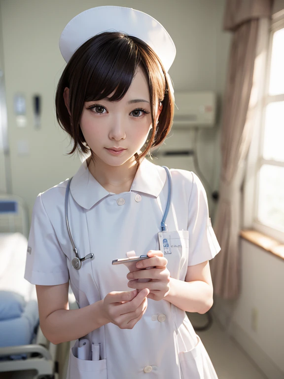 1 girl,(Wearing white nurse clothes:1.2),(Raw photo, highest quality), (realistic, photo-realistic:1.4), masterpiece, very delicate and beautiful, very detailed, 2k wallpaper, wonderful, finely, very detailed CG unity 8k wallpaper, Super detailed, High resolution, soft light, beautiful detailed girl, very detailed eyes and face, beautifully detailed nose, finely beautiful eyes, nurse, perfect anatomy, black hair, up style, nurse uniform, ((nurse cap)), long skirt, nurse, white costume, thin, hospital, clear, White uniform, hospital room, Neck auscultation,