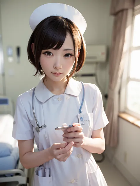 1 girl,(Wearing white nurse clothes:1.2),(Raw photo, highest quality), (realistic, photo-realistic:1.4), masterpiece, very delic...