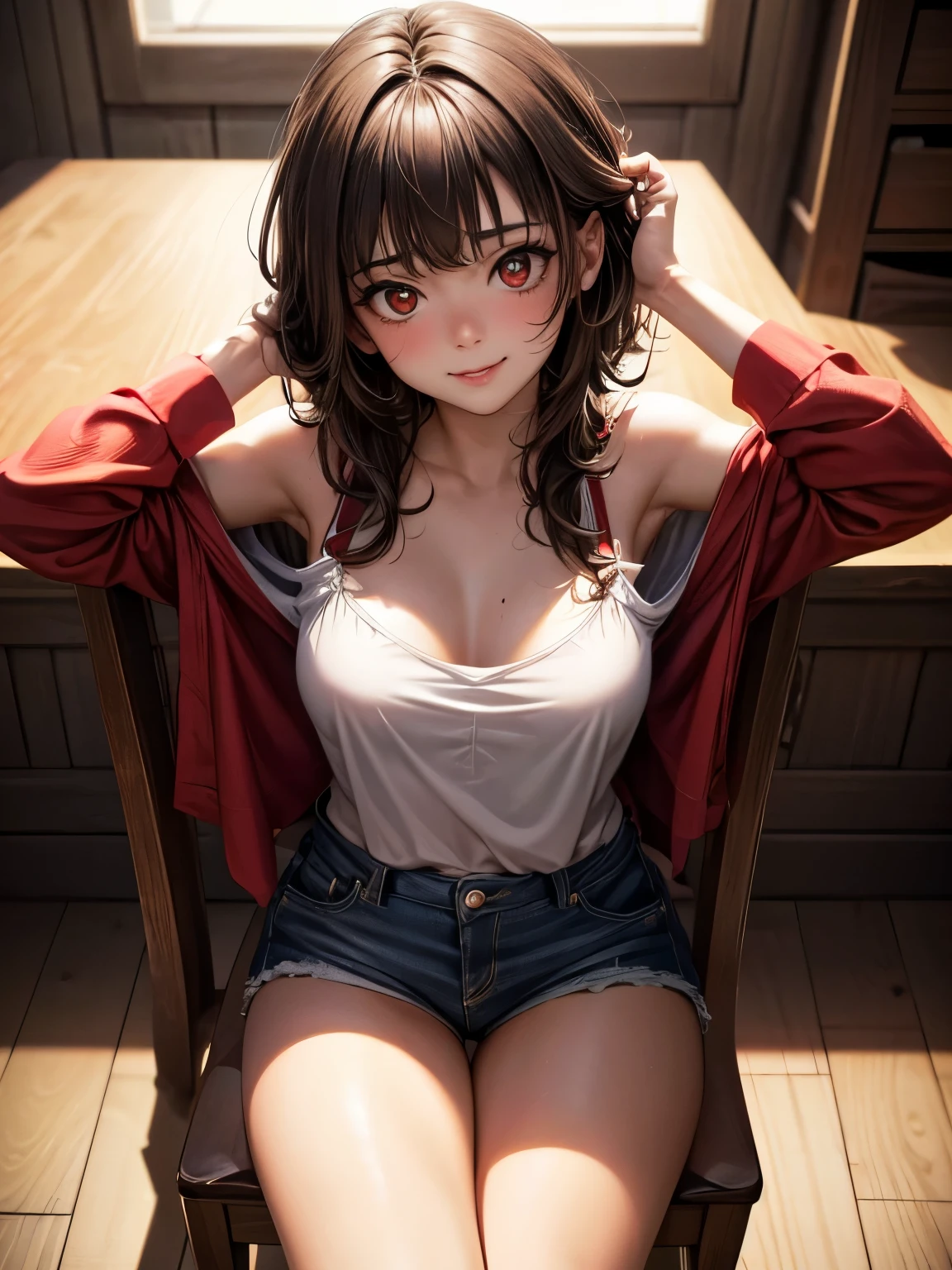 1 girl, 18 years old, (brown hair, short at the back, bangs in the eyes, strands over the shoulders), lips parted, friendly smile, red lipstick, eyeliner, (bright red eyes), (round breasts:1,1), ( transparent short white shirt), (microshorts:1,4), hands on face, blushing, sitting, chair, looking at viewer, top view, high resolution, realism, best quality, 8k, high resolution, anatomically correct, skin textured, masterpiece, 8k, HD, high details