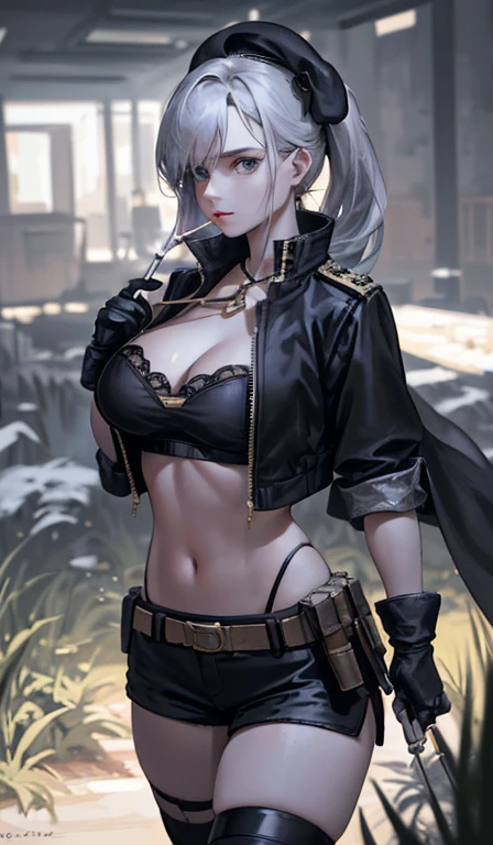  19 years old, (milf:0.8), (solo:1.5), (sfw:1.25), sexy breast, beautiful breasts, (medium tits:0.8), thin waist, big ass:1.0, Raised sexy, (black beret,black military jacket, open clothes, cleavage, midriff, black shorts, black thighhighs, thigh strap, fingerless gloves, single glove:1.2), blue eyes, light smile, big , Revimpling fabric, earrings, Hand gloves, detailed face,(hold a cigarette:1.1),long hair,side ponytail,hair between eyes,bangs,detailed and beautiful eyes,beautiful detailed lips,Rolling her eyes,manner,hair over one eye, (ultra high resolution, 8K RAW photo, photo realistics, thin outline:1.3, clear focus), best qualtiy, natural lighting, textile shading, field depth, (Bright pupils, fine detailed beautiful eyes with highlight:1.3, high detailed face), Red lip, fine realistic skins:1.1, looking down viewers:1.3, (dynamic angle:1.3, front view:1.1, breast focus:1.3, from above:1.2), (dynamic posing:1.5, sexy posing:1.2),Youghal, side lock, hair ornaments,nice,garden background,artistic rendering,Super detailed,(highest quality,4k,8K,High resolution,masterpiece:1.2),Bright colors,studio lighting ,at military base in usa
