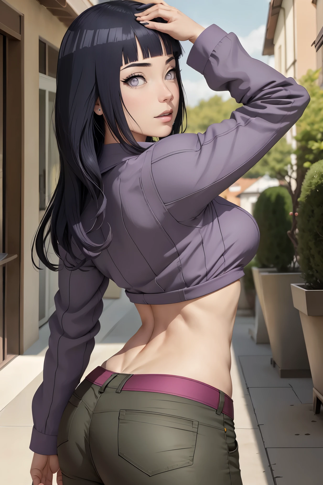 master part, absurdities, hinata\(boruto\), 1 girl, Alone,mature female, purple hood,layered sleeves, Brown jeans, outdoor, cloudy sky, perfect composition, detailed lips, big breasted, beautiful face, body proportion, blush, (pink lips), short black hair (black fur), lilac eyes, soft look, super realistic, detailed, Photoshoot, realistic face and body, realistic hair, realistic eyes, realistic nose, realistic lips, Brown jeans, cheered up, dancing lightly. on your back, with chin under shoulder, looking back sensually, sexy smile, Closed mouth. different pose.