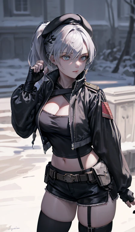  19 years old, (milf:0.8), (solo:1.5), (sfw:1.25), sexy breast, beautiful breasts, (medium tits:0.8), thin waist, big ass:1.0, Raised sexy, (black beret,black military jacket, open clothes, cleavage, midriff, black shorts, black thighhighs, thigh strap, fingerless gloves, single glove:1.2), blue eyes, light smile, big , Revimpling fabric, earrings, Hand gloves, detailed face,(hold 1 cigarette:1.1),long hair,side ponytail,hair between eyes,bangs,detailed and beautiful eyes,beautiful detailed lips,Rolling her eyes,manner,hair over one eye, (ultra high resolution, 8K RAW photo, photo realistics, thin outline:1.3, clear focus), best qualtiy, natural lighting, textile shading, field depth, (Bright pupils, fine detailed beautiful eyes with highlight:1.3, high detailed face), Red lip, fine realistic skins:1.1, looking down viewers:1.3, (dynamic angle:1.3, front view:1.1, breast focus:1.3, from above:1.2), (dynamic posing:1.5, sexy posing:1.2),Youghal, side lock, hair ornaments,nice,garden background,artistic rendering,Super detailed,(highest quality,4k,8K,High resolution,masterpiece:1.2),Bright colors,studio lighting ,at military base in usa
