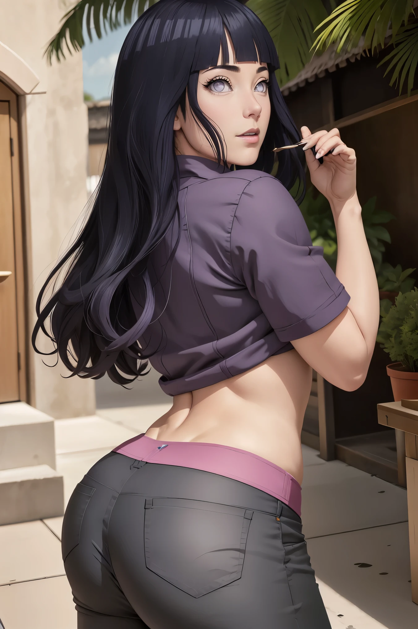 master part, absurdities, hinata\(boruto\), 1 girl, Alone,mature female, purple hood,layered sleeves, Brown jeans, outdoor, cloudy sky, perfect composition, detailed lips, big breasted, beautiful face, body proportion, blush, (pink lips), short black hair (black fur), lilac eyes, soft look, super realistic, detailed, Photoshoot, realistic face and body, realistic hair, realistic eyes, realistic nose, realistic lips, Brown jeans, cheered up, dancing lightly. on your back, with chin under shoulder, looking back sensually, sexy smile, Closed mouth. different pose.
