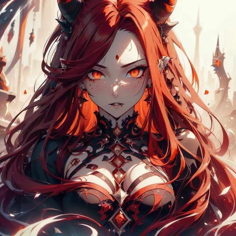 (best quality,4k,highres,masterpiece:1.2),ultra-detailed,realistic:1.37, portraits, (((long flowing red hair))), beautifully fair skin, black outfit, (((piercing orange eyes))), sensual pose, ((subtle black spots, mysterious aura, monochromatic colors)), mature woman, ((black horn))