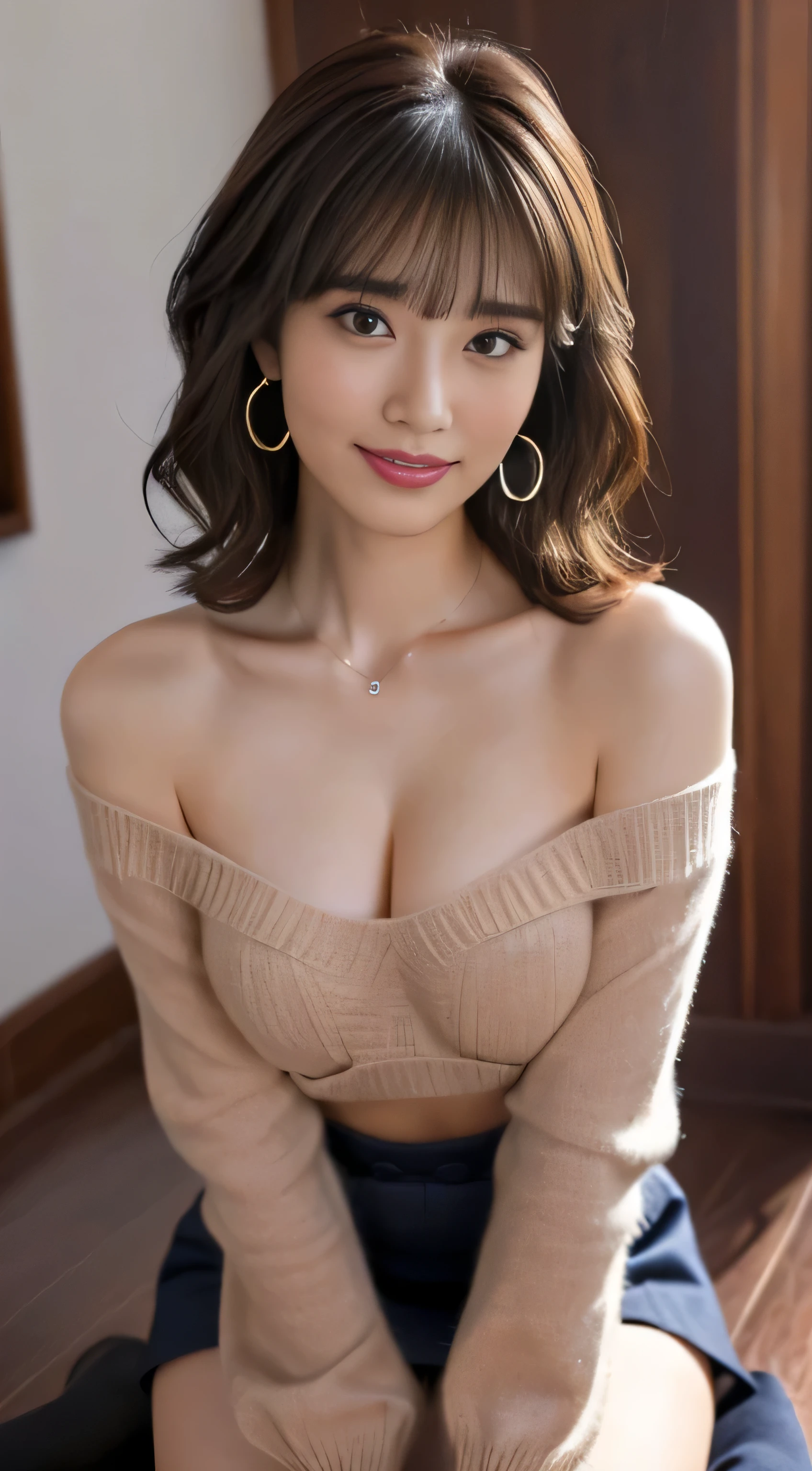 ((table top, highest quality, High resolution, , perfect pixel, 4k, ))), 1 girl, single, alone, Beautiful womangle where you can see the whole body)、 ((short wavy hair, bangs, brown hair)), ((brown eyes, beautiful eyelashes, realistic eyes)), ((detailed face, blush:1.2)), ((smooth texture:0.75, realistic texture:0.65, realistic:1.1, Anime CG style)), big breasts、soft chest、dynamic angle, perfect body, ((Female governess、I can see the underboob、Beige off-shoulder sweater、Dark Blue Flared Skirt、Black garter stockings、earrings、necklace、upward glance、shy smile、sit on the floor、、Leaning forward a lot、Push your chest out with your armassage your chest with your hands、、))
