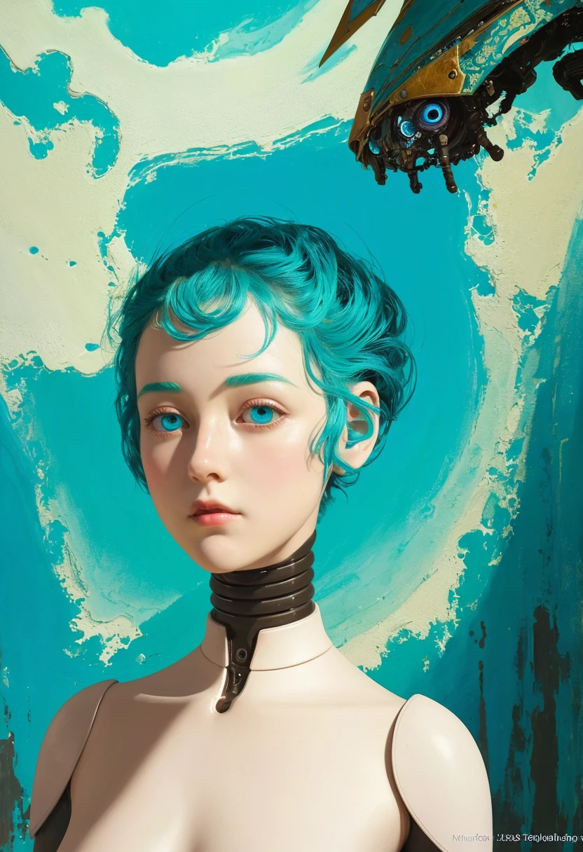 vue en pied. Petit robot drôle, visage et tête en porcelaine, grands yeux turquoise, des yeux parfaits de la meilleure qualité. Anatomie corporelle parfaite. Belle peinture impressionniste cinématographique, minimalisme. chef-d&#39;œuvre, Meilleure qualité, ultra haute définition, (art fractal: 1.3), ombre profonde, Thème sombre stylé par Jeremy Mann et Charles Dana Gibson, Mark Demsteader, Paul Hedley,
