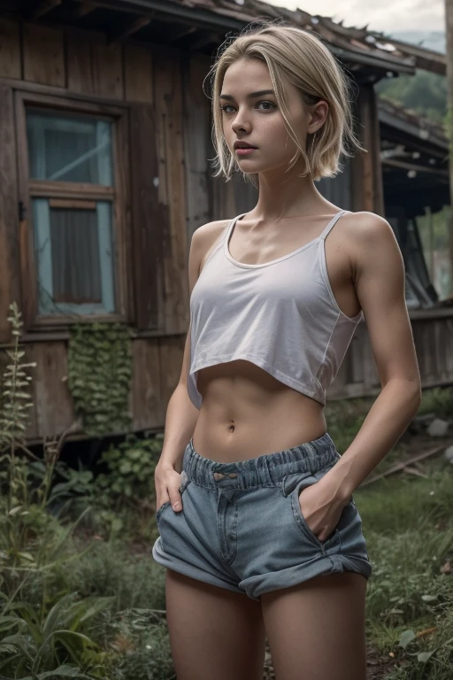 french girl, 17yo, detailed blush face, perfect anatomy, very cute, dynamic pose, dark, sexy look, sweaty underwear, against the backdrop of an abandoned house, overgrown with moss and bushes, nightfall, night, side view, sharp focus, engraved short top "an eagle" and short bloomers, young and cute face, short blonde hair, gray blue eyes, thin, thin legs, thin hands, teenage, captivating gaze, small ass, small breasts, flat chest, visible leg muscles, small hairs on arms and legs