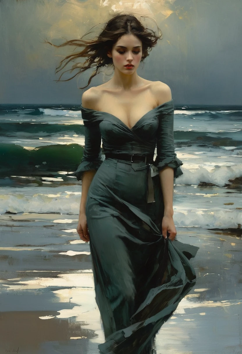  of the sea. Masterpiece. Best quality. Beautiful cinematic impressionistic painting, Dark dramatic character, in the style of Jeremy Mann and Charles Dana Gibson, Mark Demsteader, Paul Hedley